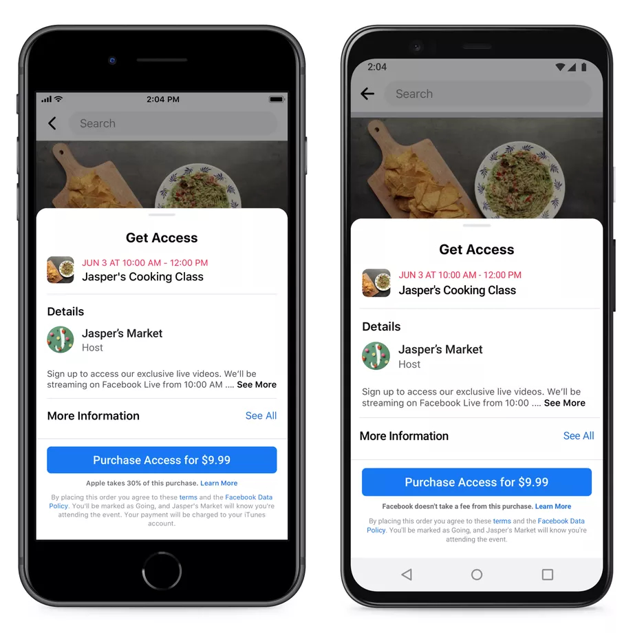 paid events facebook apple 30 percent