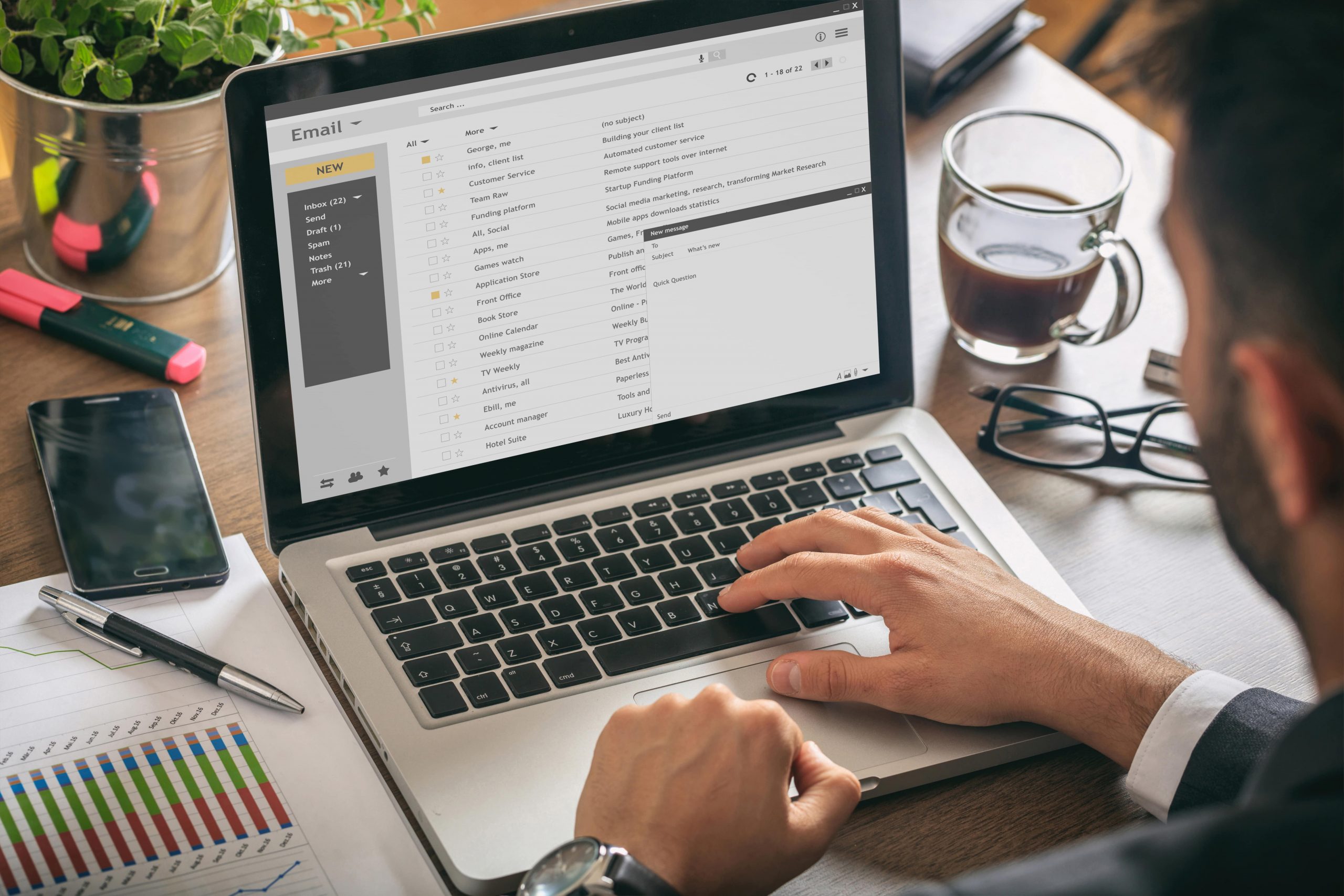 emails list on a laptop screen