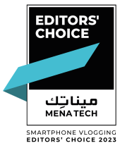 The "MENA Tech Editors' Choice" Smartphone Vlogging award logo, featuring a blue ribbon intersecting a white and black badge on a black background.