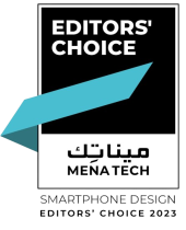 The MENA Tech "Editors' Choice 2025" award logo for the Smartphone Design category, featuring a blue ribbon intersecting a black and white badge.