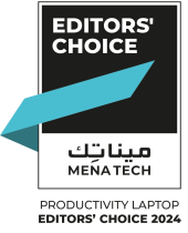 The MENA Tech "Editors' Choice 2025" award logo for the Productivity Laptop category, featuring a blue ribbon intersecting a black and white badge.