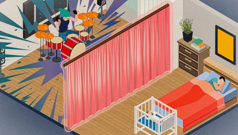 نسيج عازل تماماً للصوت يمكن استخدامه كستارة بسماكة منخفضة جداً