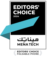 The "MENA Tech Editors' Choice 2025" award for Foldable Phone, featuring a blue ribbon intersecting a black and white badge, with laurel wreaths at the bottom.
