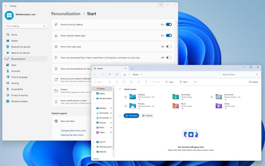 الملفات الحديثة في قائمة ابدأ الجديدة في wINDOWS 11