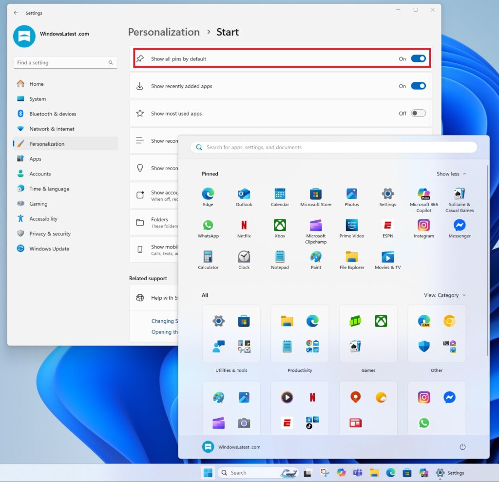 فرز التطبيقات في قائمة ابدأ الجديدة في Windows 11