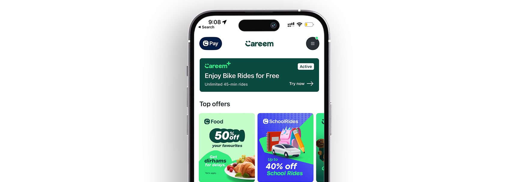 Close-up of a smartphone screen displaying the Careem app interface, highlighting active Careem+ subscription benefits and top offers including food discounts and school ride promotions