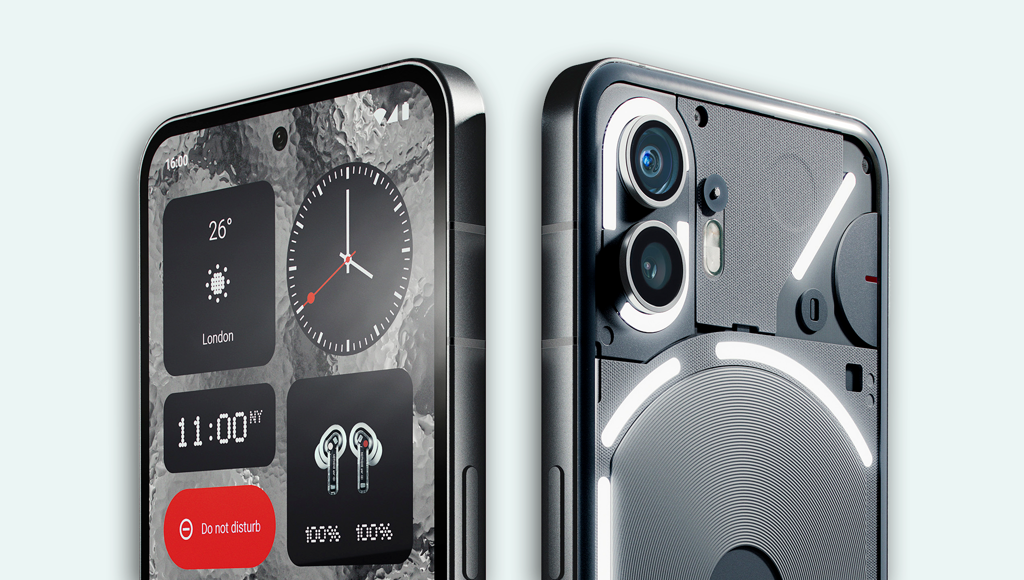 Close-up view of the Nothing Phone (2) showcasing its minimalist widget-based interface on the front and distinctive transparent back with LED Glyph Interface and dual camera system