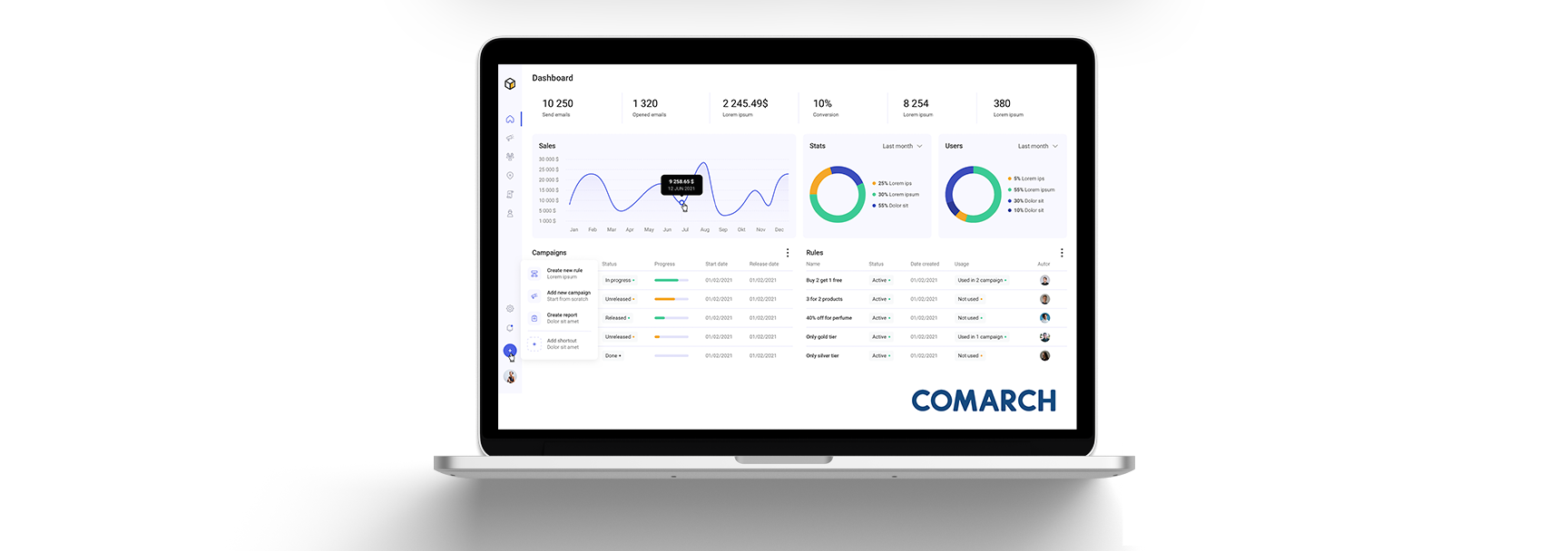 Laptop displaying a Comarch dashboard interface with analytics charts, campaign tracking, conversion stats, and user segmentation, showcasing data visualization and marketing automation platform