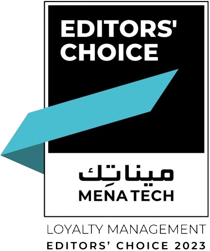 MENA Tech Editors' Choice 2023 badge for Loyalty Management, featuring a bold design with Arabic and English text and a dynamic blue checkmark