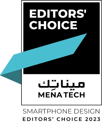 MENA Tech Editors' Choice 2023 badge for Smartphone Design, featuring a bold design with Arabic and English text and a dynamic blue checkmark
