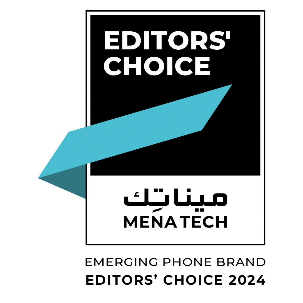 MENA Tech Editors' Choice 2024 badge for Emerging Phone Brand.png: A black and white award badge with a prominent black outline. The top portion has a black background with "EDITORS' CHOICE" written in bold white capital letters. A light blue, angled ribbon-like shape extends from the left, passing over the black background and into a white section below. In this white section, "مينا تك" is written in Arabic script above "MENA TECH" in black capital letters. Below the main badge, in black capital letters, it reads "EMERGING PHONE BRAND EDITORS' CHOICE 2024".