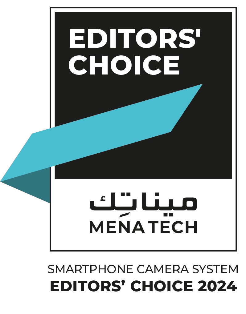 MENA Tech Editors' Choice 2024 badge for Smartphone Camera System, featuring a bold design with Arabic and English text and a dynamic blue checkmark