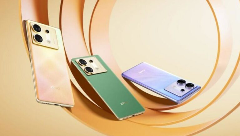 Three Infinix smartphones in gold, green, and purple colors displayed in a dynamic spiral background, showcasing their sleek design and large rear camera modules