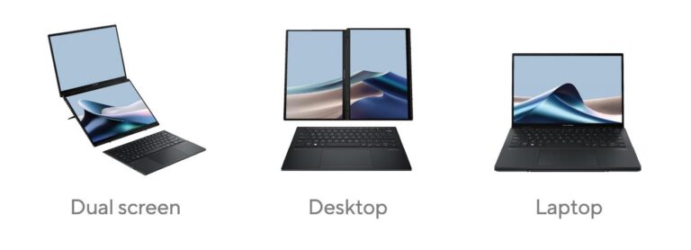 Three different configurations of a modern convertible Asus laptop displayed side by side- dual screen mode, desktop mode with vertical split screens, and standard laptop mode
