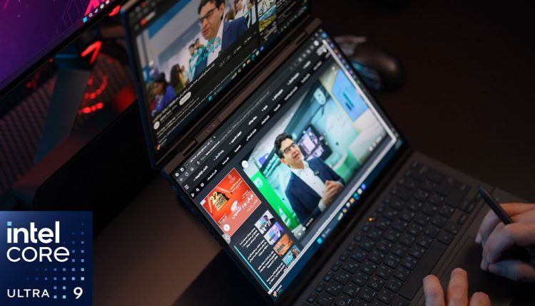 User interacting with a dual-screen Asus laptop powered by Intel Core Ultra 9, displaying multiple windows and media content across both screens, ideal for multitasking and creative workflows