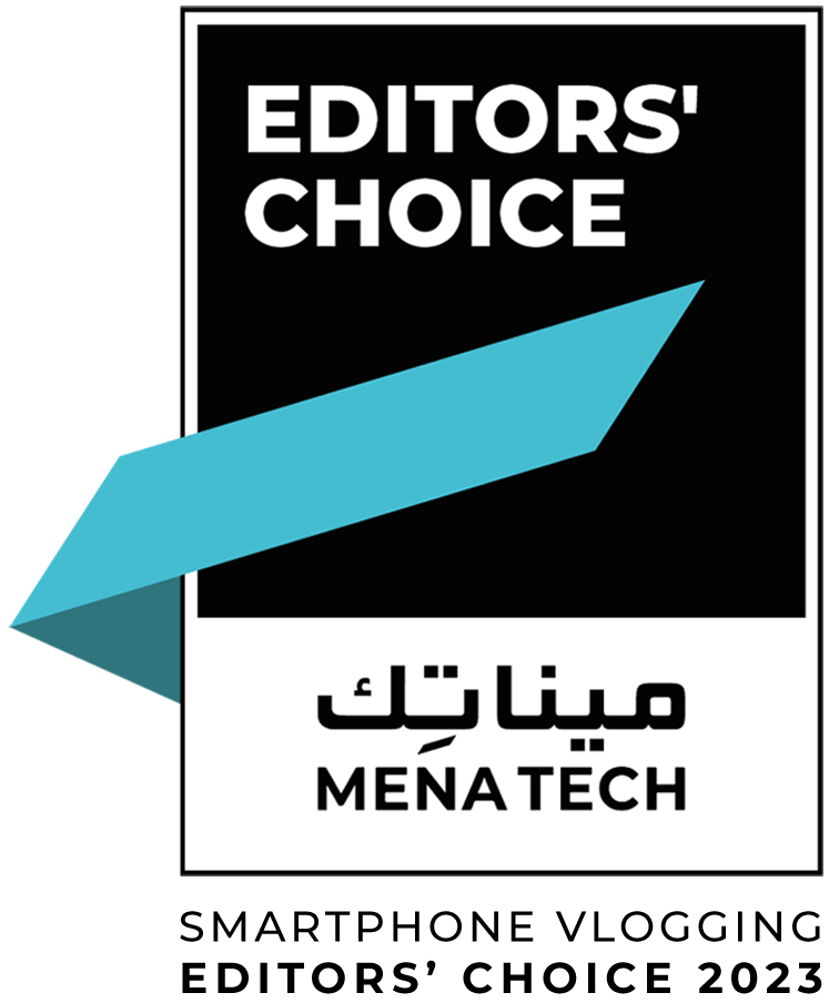 MENA Tech Editors' Choice 2023 badge for Best Smartphone Vlogging, featuring a bold design with Arabic and English text and a dynamic blue checkmark.