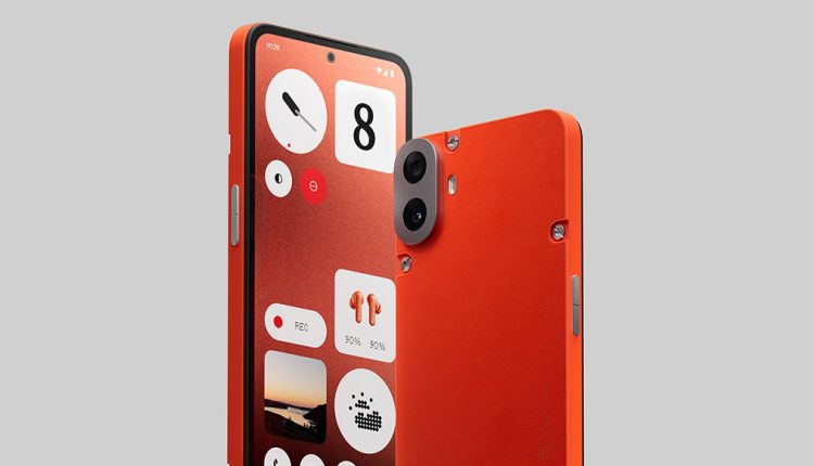 A close-up, angled view of the CMF Phone 1 in orange. The front screen is visible on the left, displaying a custom interface with circular widgets and the time "10:20". The back of the orange phone, featuring its dual cameras and textured surface, is partially visible on the right.