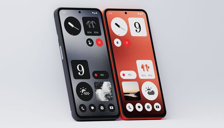 Two CMF Phone 1 devices displayed side-by-side on a light grey surface. The phone on the left is black, and the phone on the right is orange. Both screens show a custom user interface with large circular and rectangular widgets, including a clock, a number "9", and icons for earbuds.