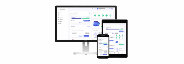 The Comarch Open Platform interface displayed on desktop, tablet, and mobile devices showcasing its multi-device banking capabilities.