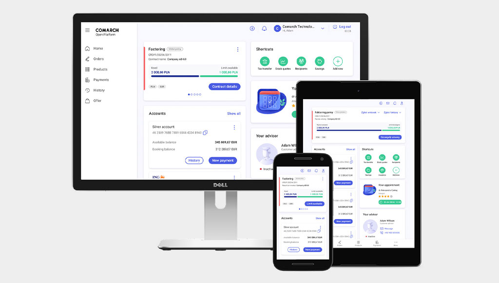 **Alt text (English):** A responsive banking dashboard interface of the Comarch Open Platform displayed on a desktop monitor, tablet, and smartphone. The interface includes sections for factoring, account balance, payment actions, and advisor details. The layout is clean and modern with a white background and intuitive icons, demonstrating cross-device compatibility and seamless user experience on different screen sizes.