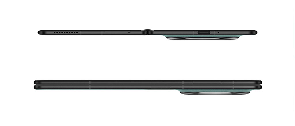 **Alt text (English):** Side profile view of the HONOR Magic V3 foldable smartphone shown in two states: unfolded (top) and folded (bottom). The image highlights the device’s ultra-slim design, hinge mechanism, and the protruding camera module. The phone appears sleek and symmetrical, emphasizing its engineering precision and foldable form factor. 