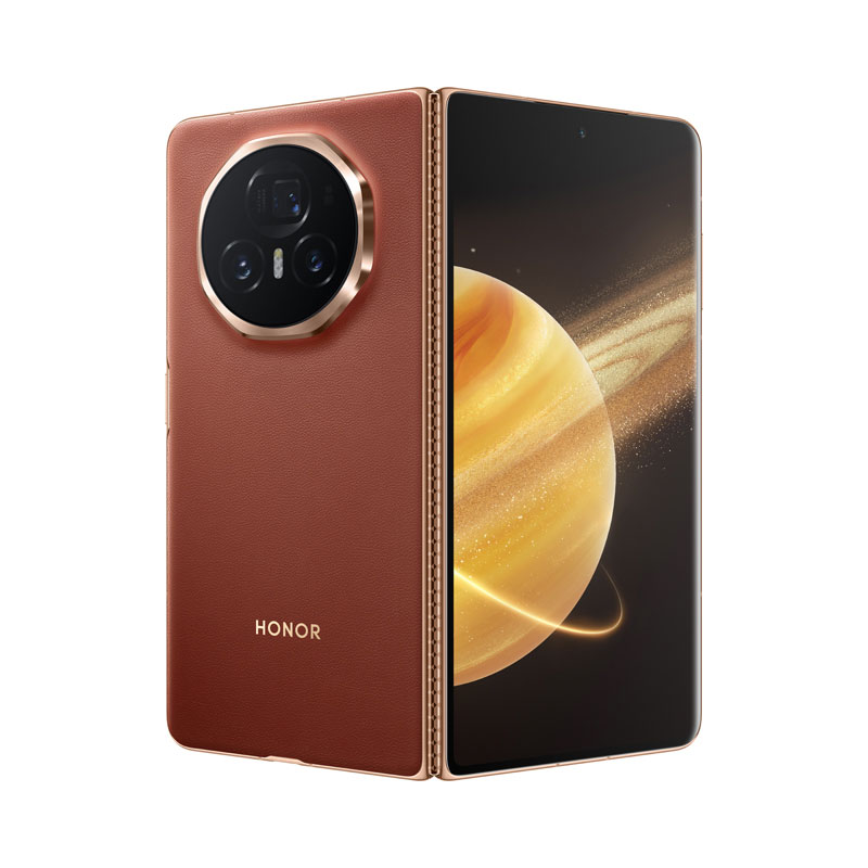 **Alt text (English):** A standing view of the HONOR Magic V3 foldable smartphone partially open, showcasing both the outer leather-textured rear with the triple-lens circular camera module in a gold frame, and the vibrant front display showing a golden planet graphic. The phone features a luxurious brown finish with gold accents, highlighting its elegant design and foldable form factor. 