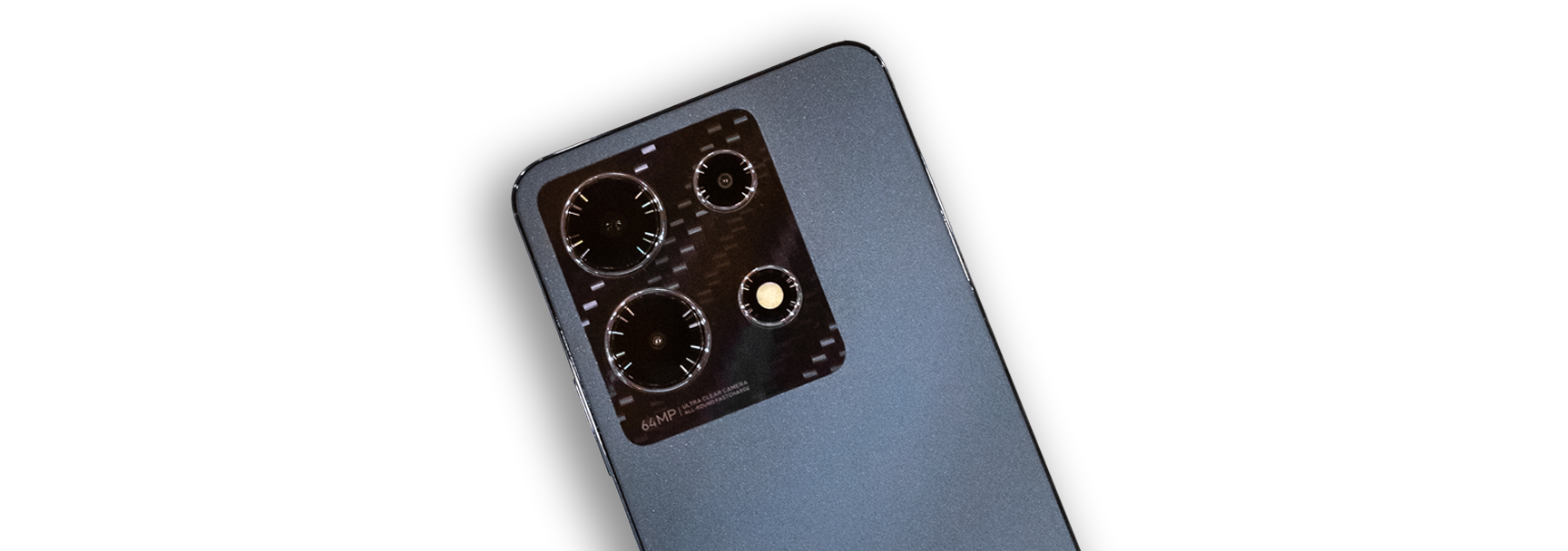 Close-up view of the Infinix smartphone's rear camera module, highlighting its advanced design and 64MP ultra-clear camera.