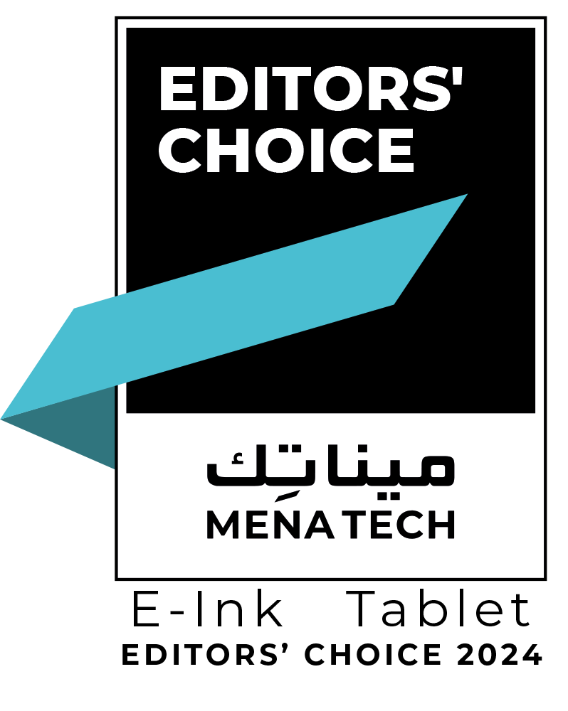 A black and white award badge with a prominent black outline. The top portion has a black background with "EDITORS' CHOICE" written in bold white capital letters. A light blue, angled ribbon-like shape extends from the left, passing over the black background and into a white section below. In this white section, "مينا تك" is written in Arabic script above "MENA TECH" in black capital letters. Below the main badge, in black capital letters, it reads "E-Ink Tablet EDITORS' CHOICE 2024".