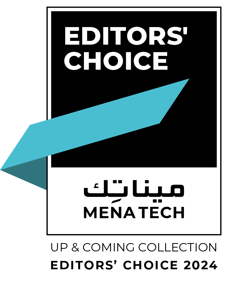 A black and white award badge with a prominent black outline. The top portion has a black background with "EDITORS' CHOICE" written in bold white capital letters. A light blue, angled ribbon-like shape extends from the left, passing over the black background and into a white section below. In this white section, "مينا تك" is written in Arabic script above "MENA TECH" in black capital letters. Below the main badge, in black capital letters, it reads "UP & COMING COLLECTION EDITORS' CHOICE 2024".