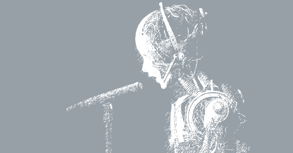A stylized illustration of a robot shown in profile, leaning towards a microphone as if speaking or singing. The artwork is rendered in a white, sketchy, cross-hatching style on a solid grey background.