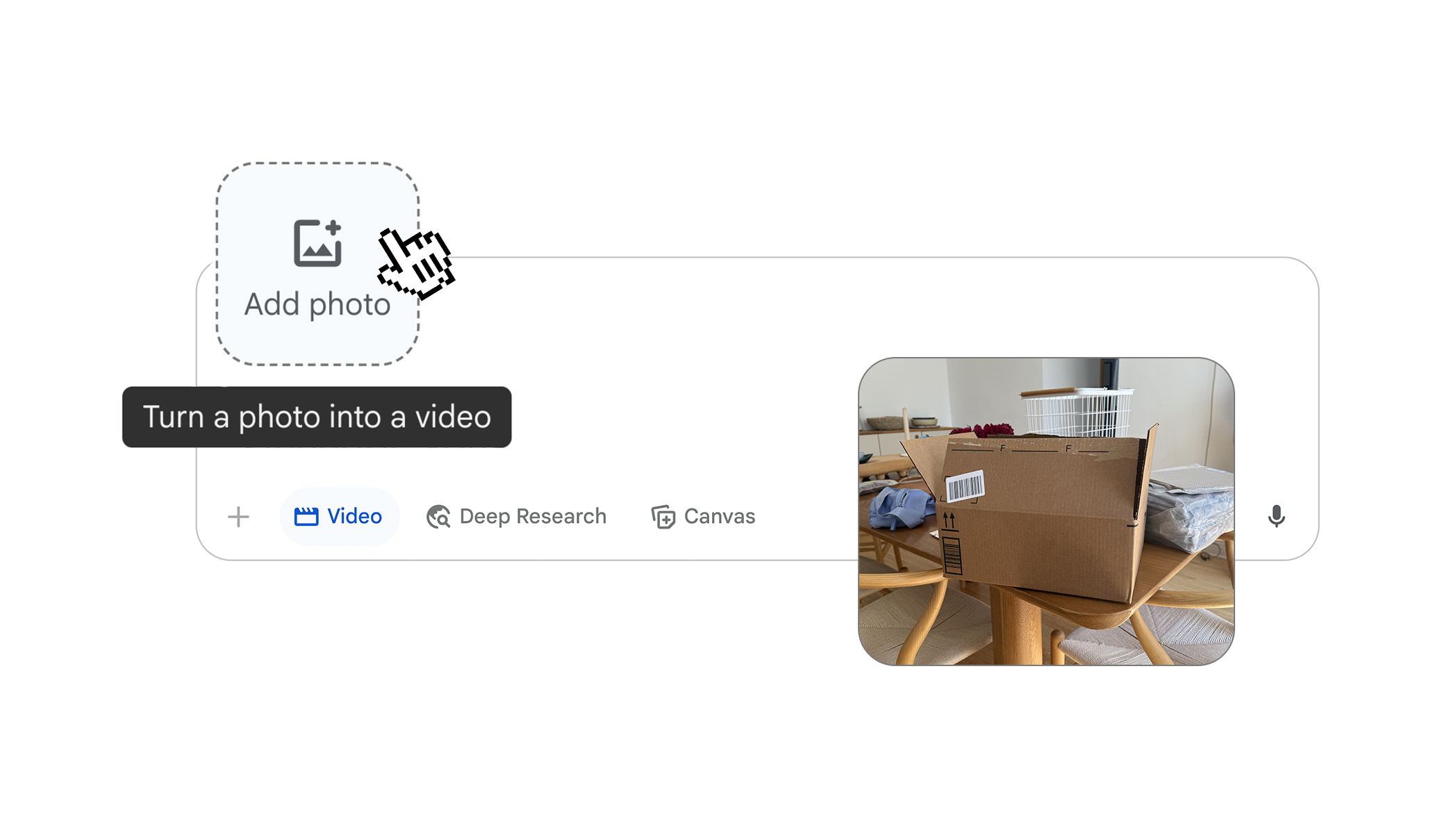 A screenshot of the Gemini AI user interface demonstrating the 'image-to-video' feature. A cursor is clicking the 'Add photo' button. The 'Video' tool is selected below, and a thumbnail of a photo of a cardboard box is shown on the right.