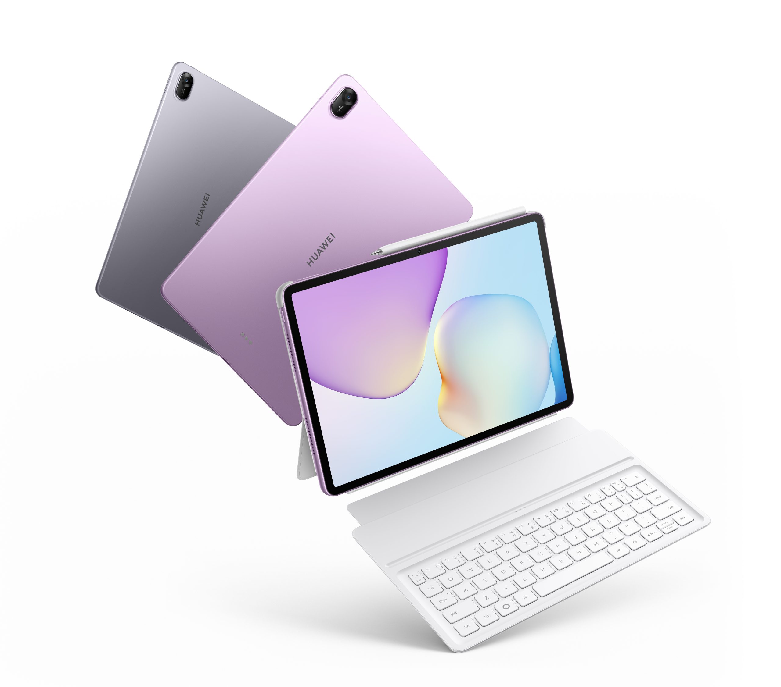 Three HUAWEI MatePad 11.5 tablets are shown levitating with a detachable white keyboard and a white M-Pencil. Two tablets in the background are in grey and purple, while the tablet in the foreground is lavender, with its screen displaying colorful abstract art. The white detachable keyboard is beneath the main tablet, and the M-Pencil is positioned above the lavender tablet.