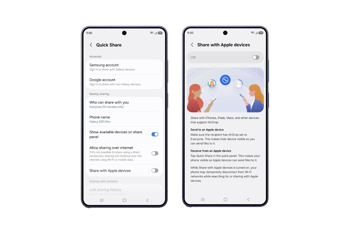 دعم AirDrop يصل إلى هواتف سامسونج Galaxy S26 